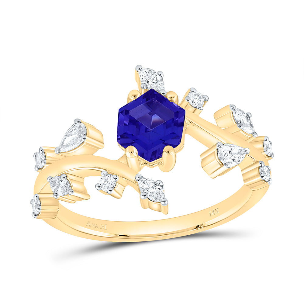 14K Yellow Gold 1/3Ctw Natural Diamond Ana M 6.5X5.6Mm Hexagon Emerald Natural Gem Ring