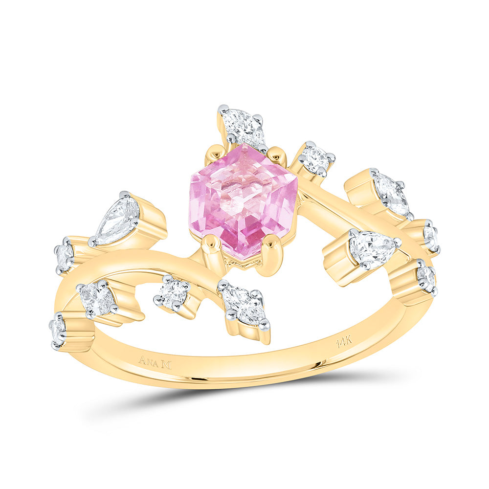 14K Yellow Gold 1/3Ctw Natural Diamond Ana M 6.5X5.6Mm Hexagon Emerald Natural Gem Ring