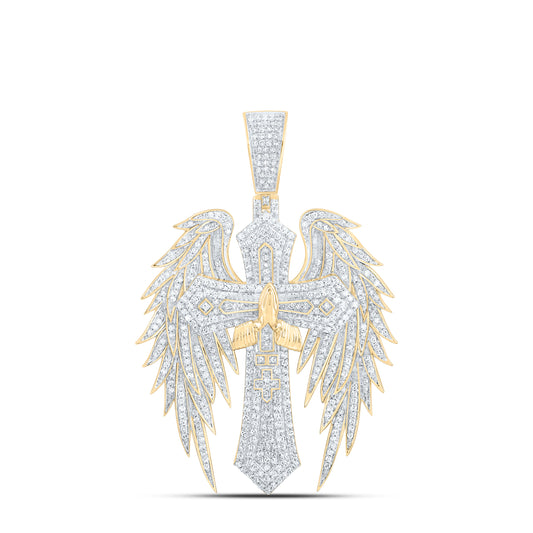 10K Yellow Gold 1 3/4Ctw Natural Diamond Cross Wings Mens Charm