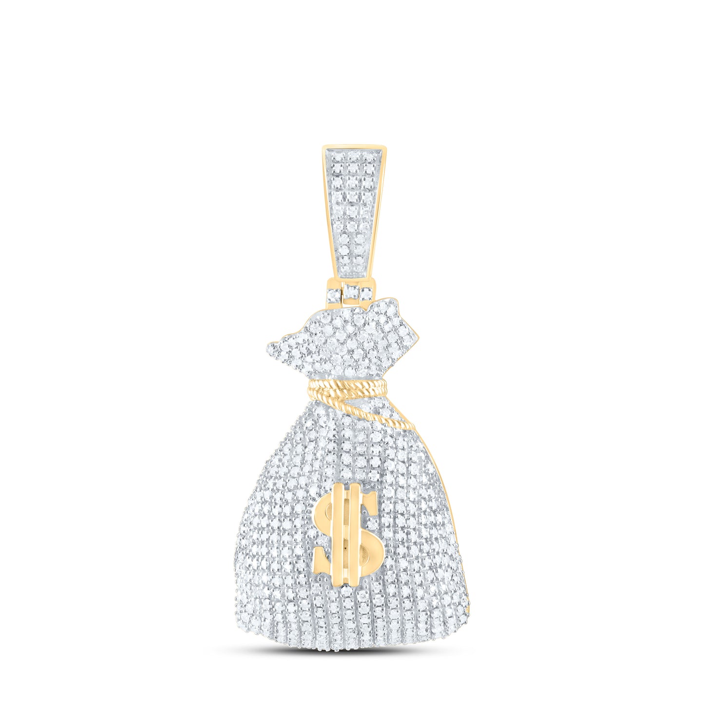 10K Yellow Gold 1 1/2Ctw Natural Diamond Dollar Money Bag Mens Charm