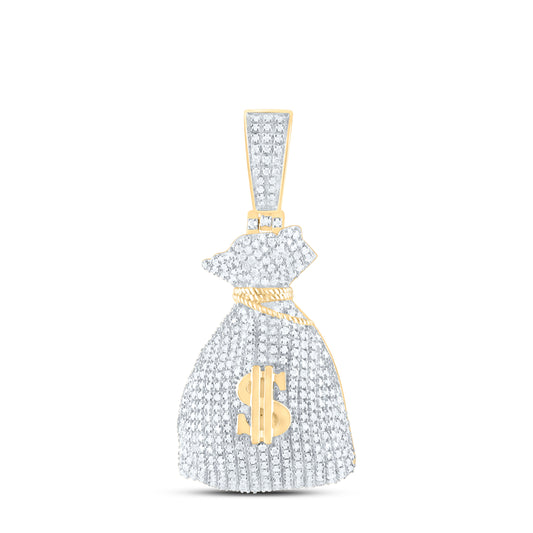 10K Yellow Gold 1 1/2Ctw Natural Diamond Dollar Money Bag Mens Charm