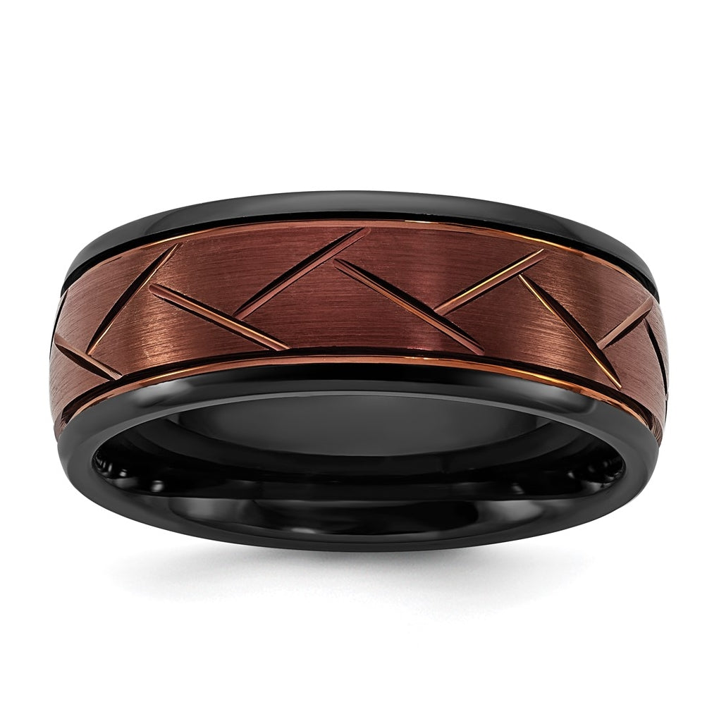 Ceramic Black Polished with Red IP-plated Scratch Finish Grooved Center 8mm