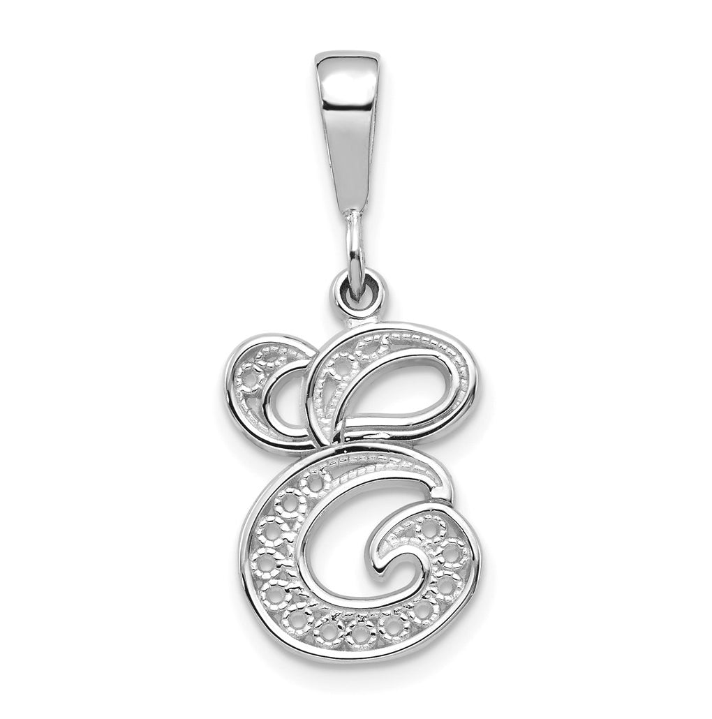 10K White Gold Filigree Initial E Pendant