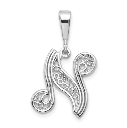 10K White Gold Filigree Initial N Pendant