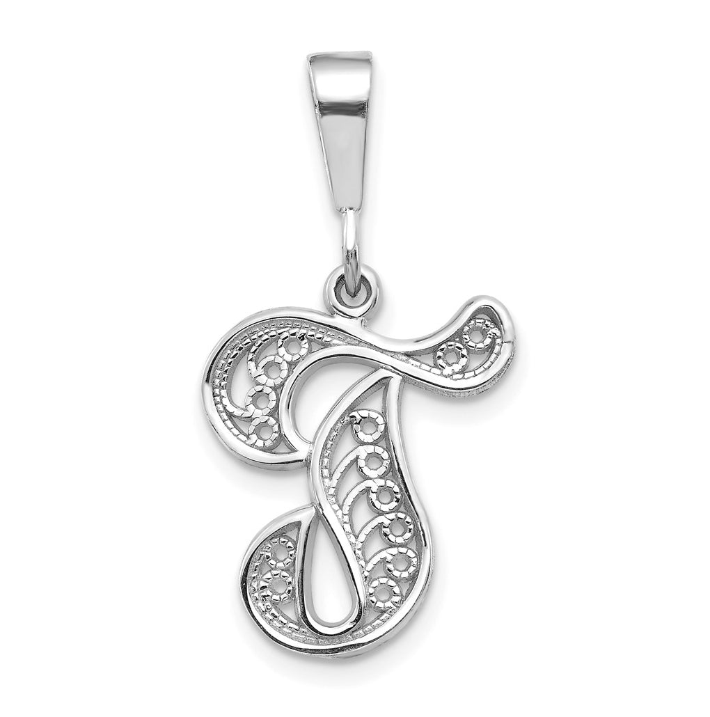10K White Gold Filigree Initial T Pendant