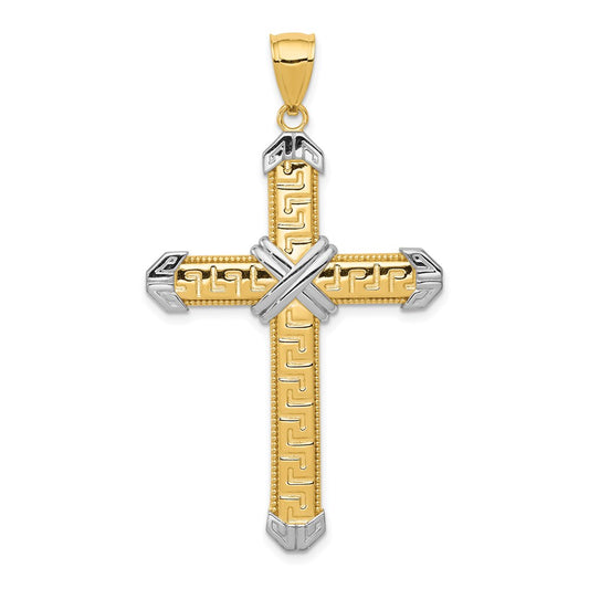 14k Yellow Gold and Rhodium Greek Key Cross Pendant