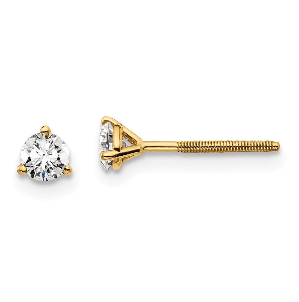 18K Yellow Or White Gold Or Platinum Lab Grown Diamond VS+ F+ Round Complete Three Prong Screwback Stud Earrings