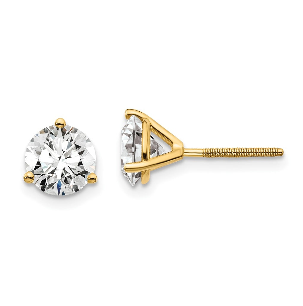 18K Yellow Or White Gold Or Platinum Lab Grown Diamond VS+ F+ Round Complete Three Prong Screwback Stud Earrings