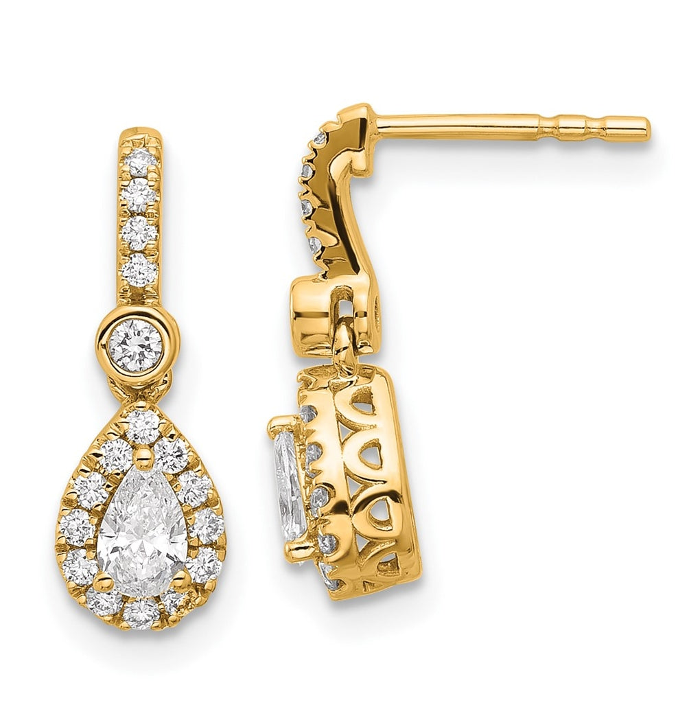 14k Yellow Gold 5/8 carat Lab Grown Diamond VS+ F+ Complete Pear Dangle Post Earrings