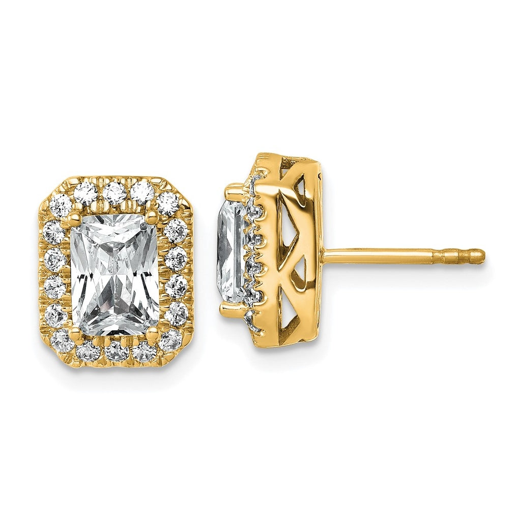 14k Yellow Gold 2 1/2ct Lab Grown VS+ F+ Diamond Radiant Shape Halo Complete Earrings