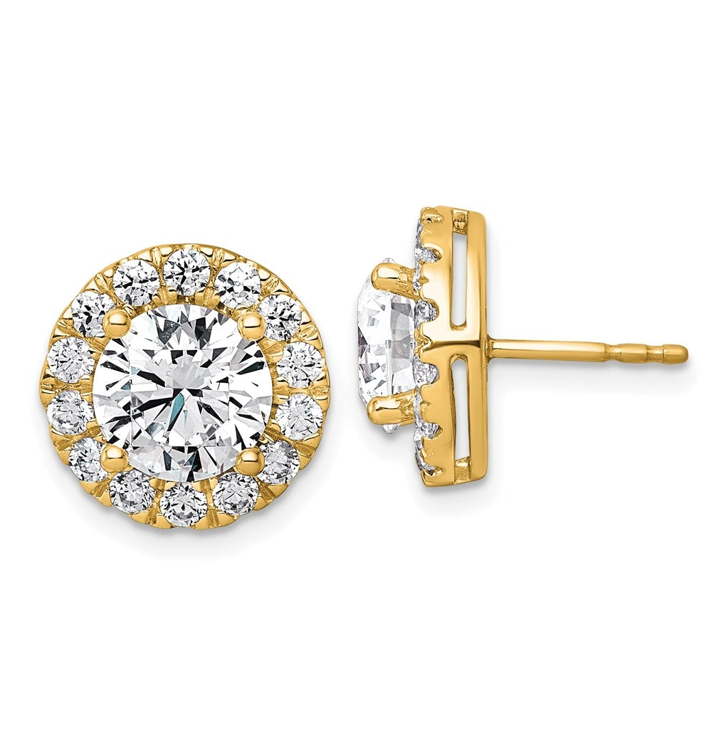 14k Yellow Gold 5 carat Lab Grown Diamond VS+ F+ Round Complete Halo Post Earrings