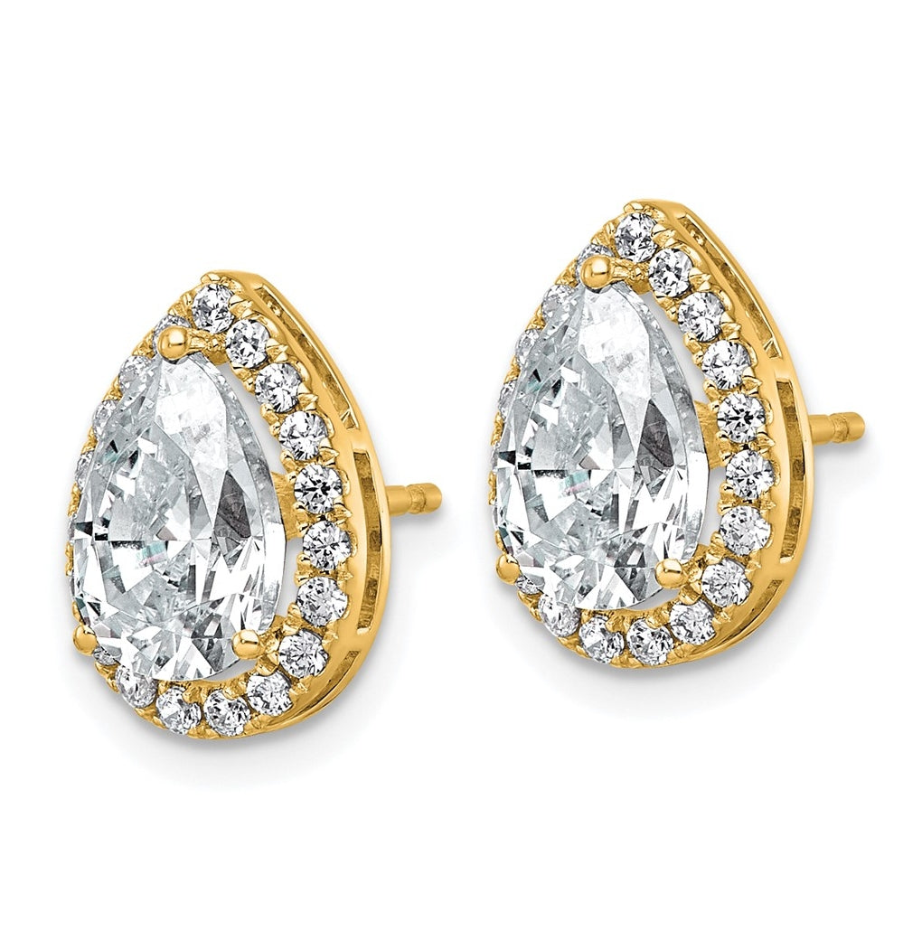 14k Yellow Gold 3 1/2 carat Lab Grown Diamond VS+ F+ Complete Pear Halo Post Earrings