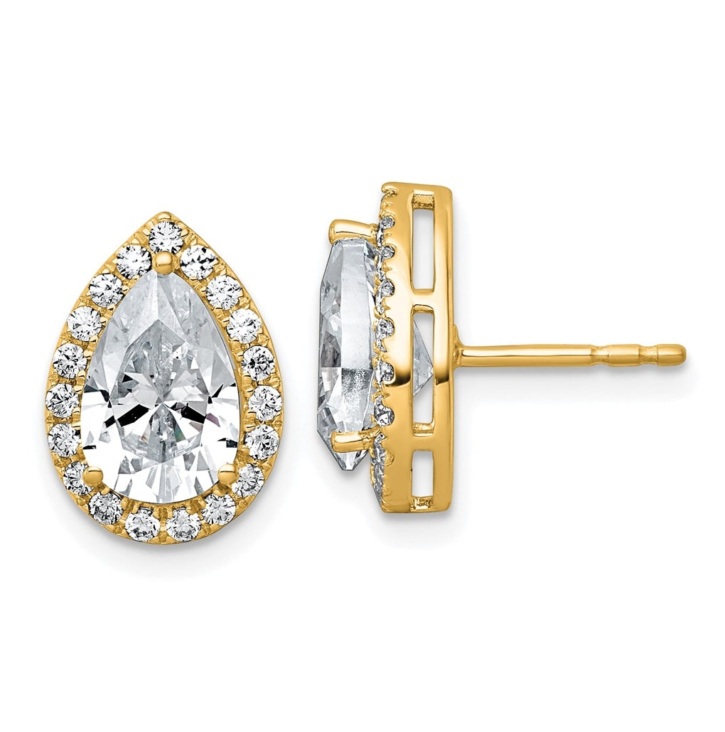 14k Yellow Gold 3 1/2 carat Lab Grown Diamond VS+ F+ Complete Pear Halo Post Earrings