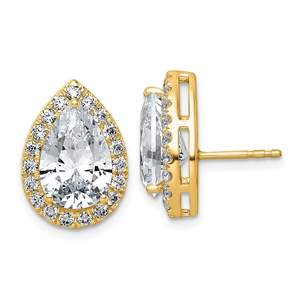 14k Yellow Gold 6 3/4 carat Lab Grown Diamond VS+ F+ Complete Pear Halo Post Earrings