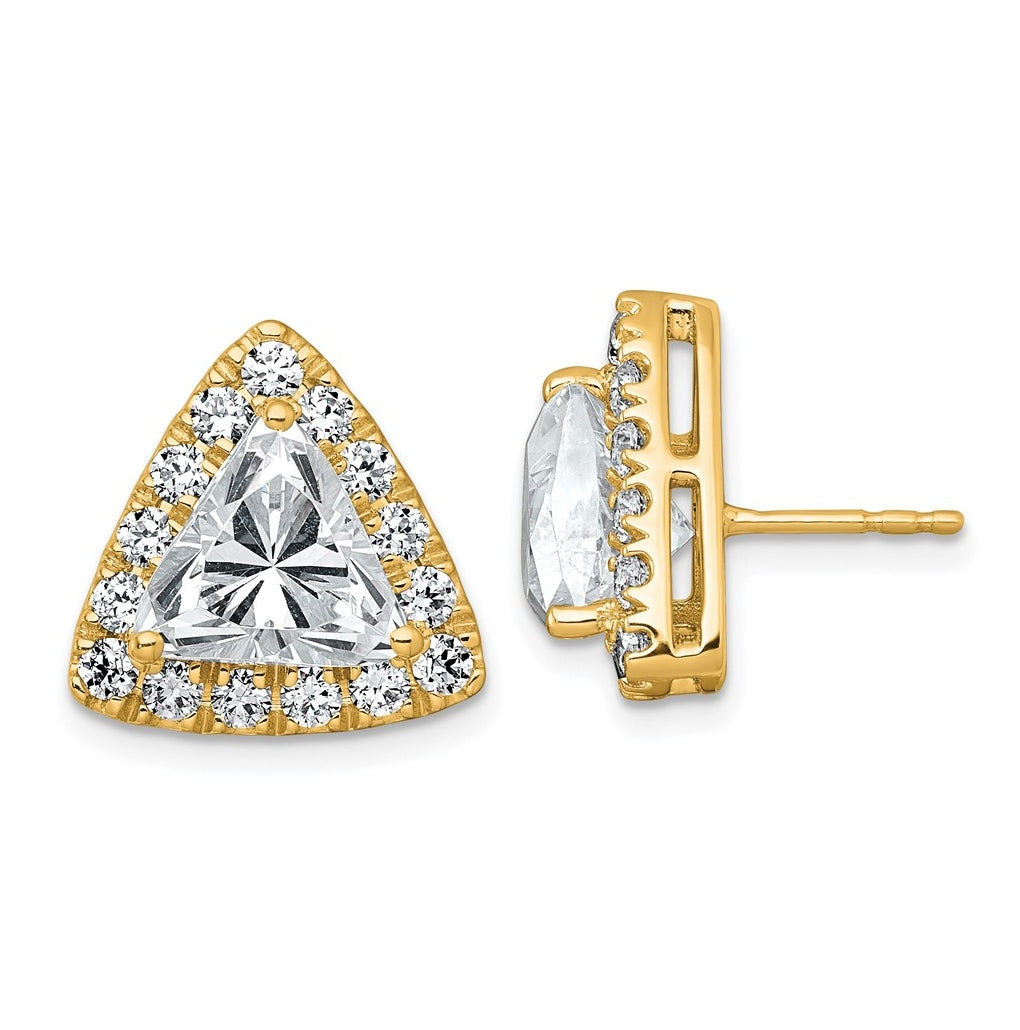 14k Yellow Gold 6 1/2 carat Lab Grown Diamond VS+ F+ Complete Trillion Halo Post Earrings