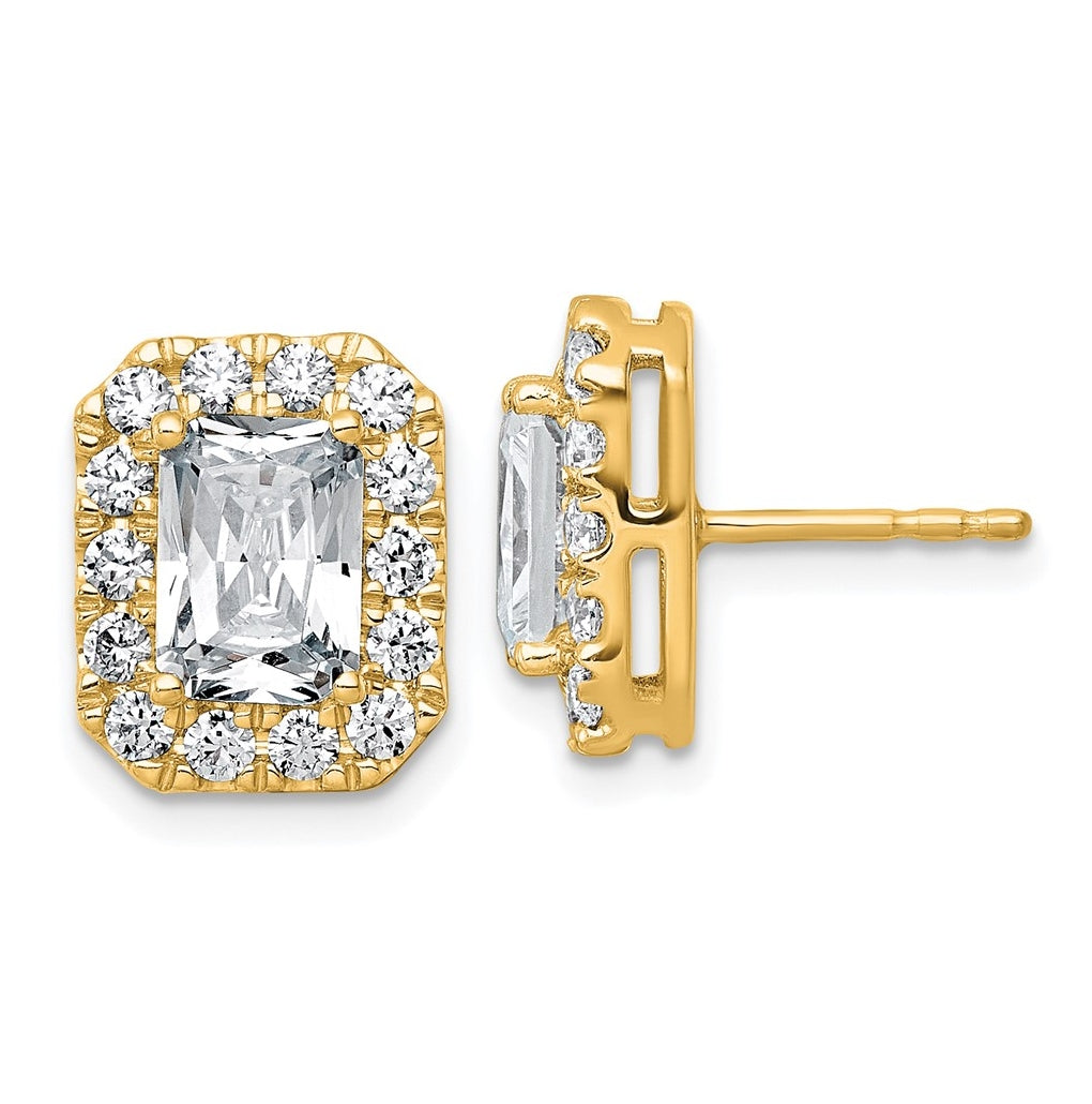 14k Yellow Gold 3 7/8 carat Lab Grown Diamond VS+ F+ Complete Emerald Halo Post Earrings