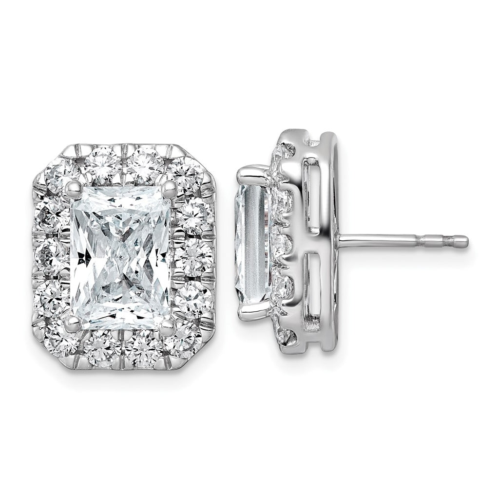 14k White Gold 7 carat Lab Grown Diamond VS+ F+ Complete Emerald Halo Post Earrings