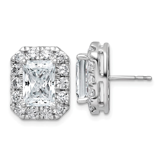 14k White Gold 7 carat Lab Grown Diamond VS+ F+ Complete Emerald Halo Post Earrings