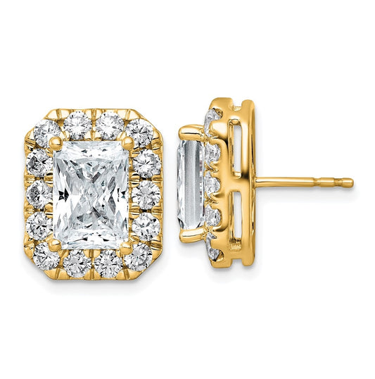 14k Yellow Gold 7 carat Lab Grown Diamond VS+ F+ Complete Emerald Halo Post Earrings