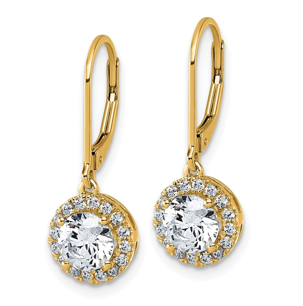 14k Yellow Gold 1 3/4 carat Lab Grown Diamond VS+ F+ Complete Halo Drop Leverback Earrings