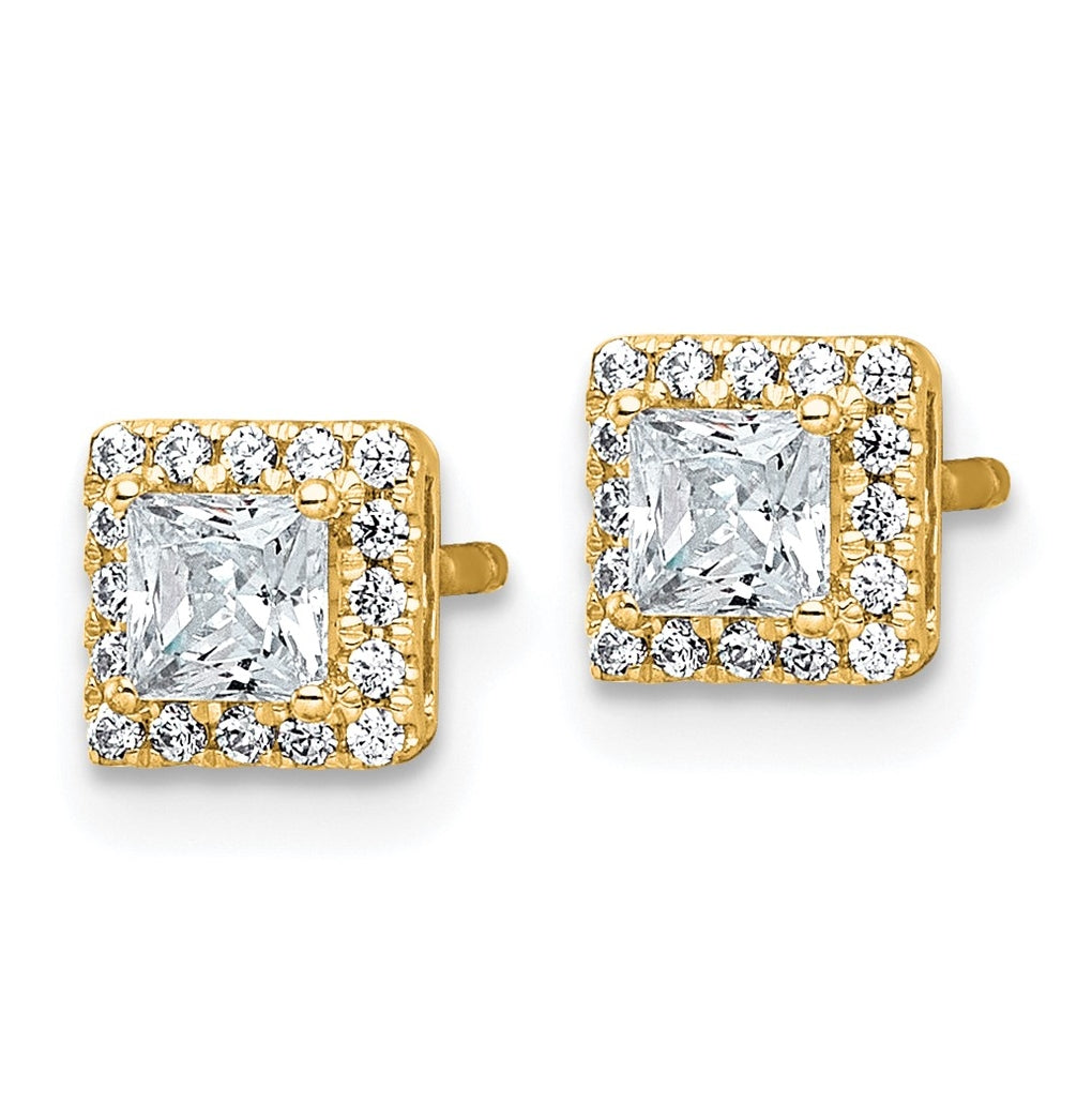 14k Yellow Gold 5/8 carat Lab Grown Diamond VS+ F+ Complete Princess Halo Post Earrings