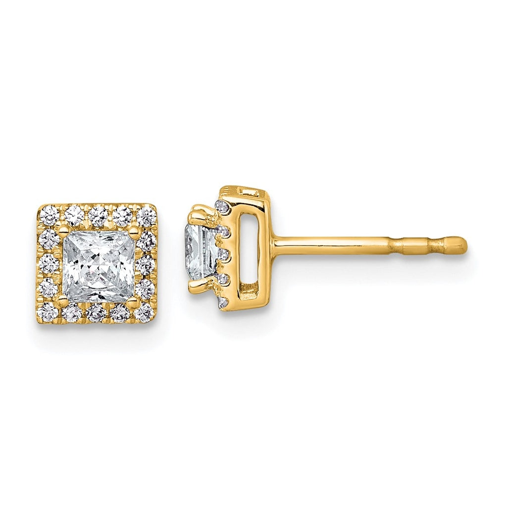 14k Yellow Gold 5/8 carat Lab Grown Diamond VS+ F+ Complete Princess Halo Post Earrings