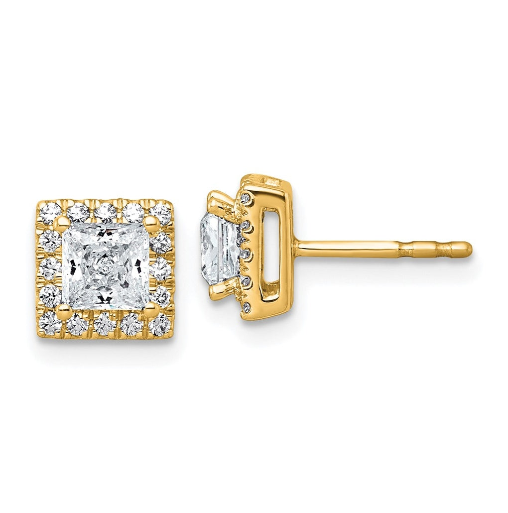 14k Yellow Gold 1 1/3 carat Lab Grown Diamond VS+ F+ Complete Princess Halo Post Earrings