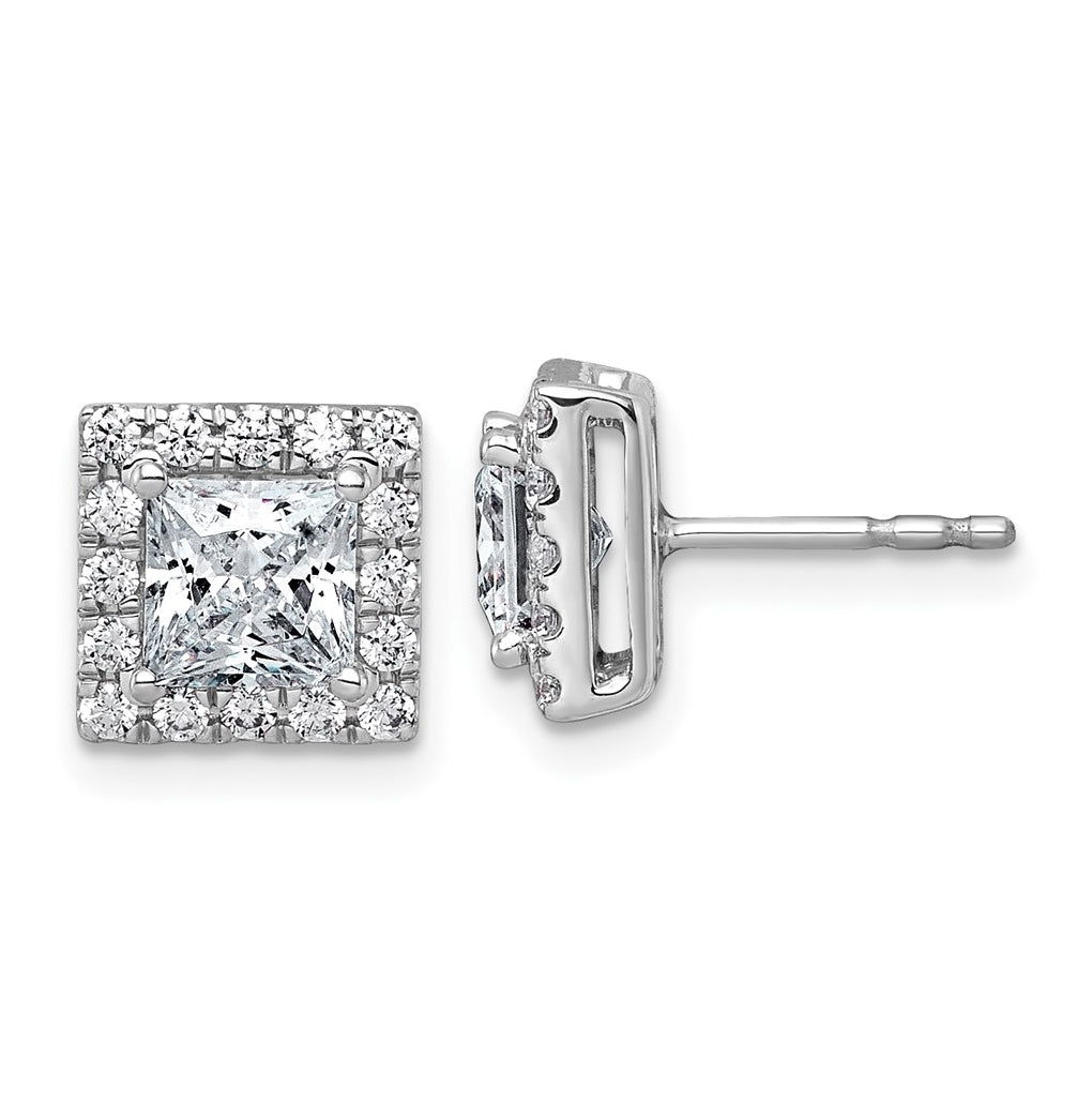 14k White Gold 2 1/2 carat Lab Grown Diamond VS+ F+ Complete Princess Halo Post Earrings