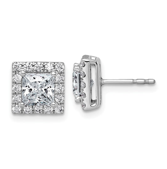 14k White Gold 2 1/2 carat Lab Grown Diamond VS+ F+ Complete Princess Halo Post Earrings