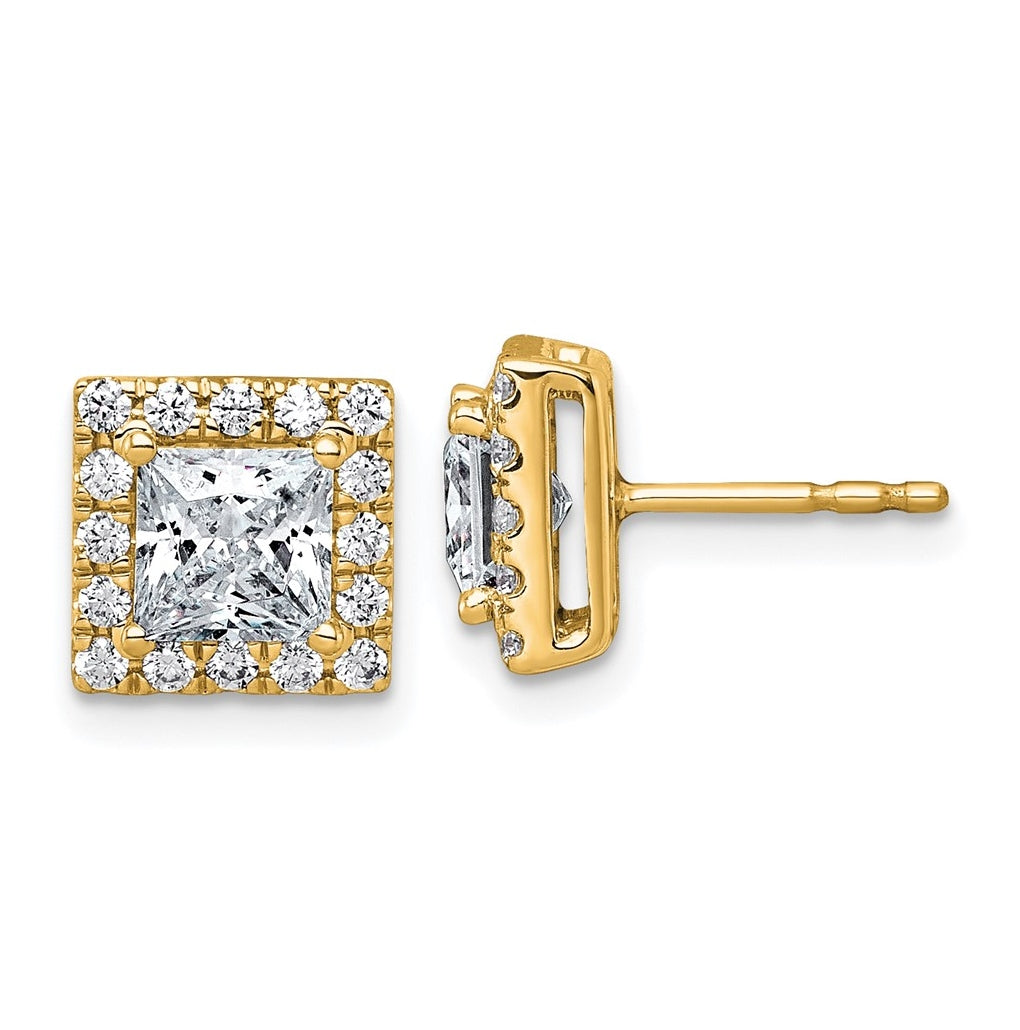 14k Yellow Gold 2 1/2 carat Lab Grown Diamond VS+ F+ Complete Princess Halo Post Earrings