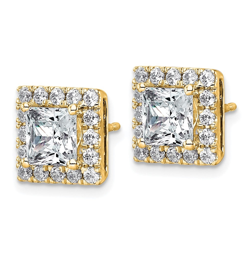 14k Yellow Gold 3 7/8 carat Lab Grown Diamond VS+ F+ Complete Princess Halo Post Earrings