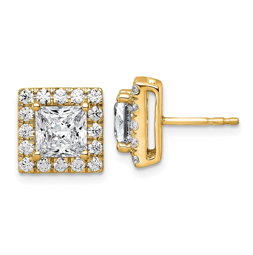 14k Yellow Gold 3 7/8 carat Lab Grown Diamond VS+ F+ Complete Princess Halo Post Earrings