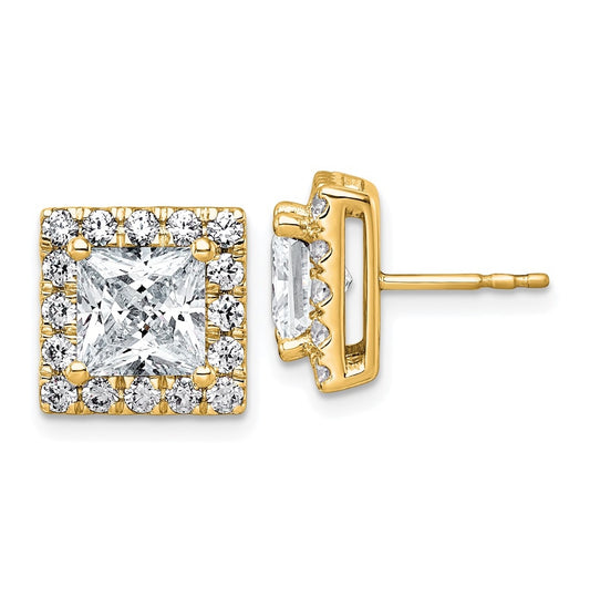 14k Yellow Gold 5 carat Lab Grown Diamond VS+ F+ Complete Princess Halo Post Earrings