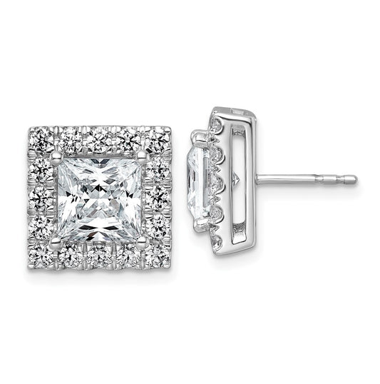 14k White Gold 6 1/2 carat Lab Grown Diamond VS+ F+ Complete Princess Halo Post Earrings