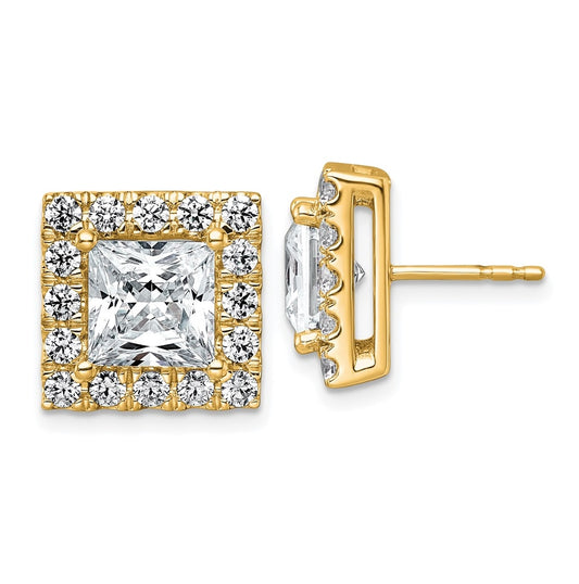 14k Yellow Gold 6 1/2 carat Lab Grown Diamond VS+ F+ Complete Princess Halo Post Earrings