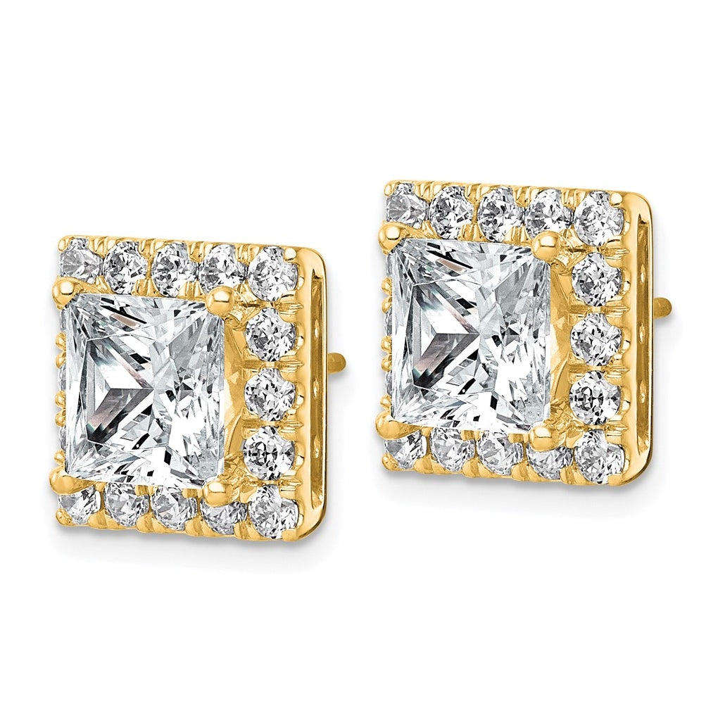 14k Yellow Gold 7 5/8 carat Lab Grown Diamond VS+ F+ Complete Princess Halo Post Earrings