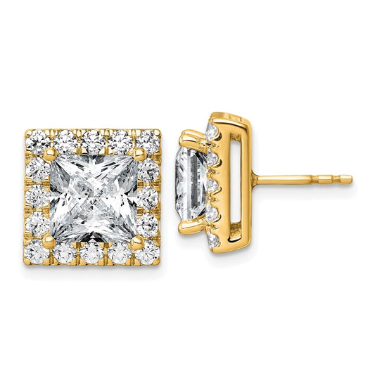 14k Yellow Gold 7 5/8 carat Lab Grown Diamond VS+ F+ Complete Princess Halo Post Earrings
