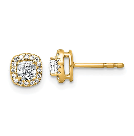 14k Yellow Gold 5/8 carat Lab Grown Diamond VS+ F+ Complete Cushion Halo Post Earrings
