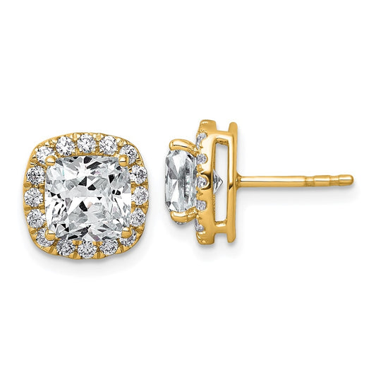 14k Yellow Gold 3 5/8 carat Lab Grown Diamond VS+ F+ Complete Cushion Halo Post Earrings