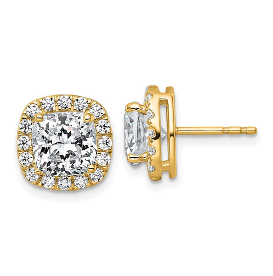 14k Yellow Gold 4 5/8 carat Lab Grown Diamond VS+ F+ Complete Cushion Halo Post Earrings