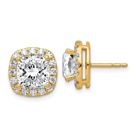 14k Yellow Gold 5 7/8 carat Lab Grown Diamond VS+ F+ Complete Cushion Halo Post Earrings