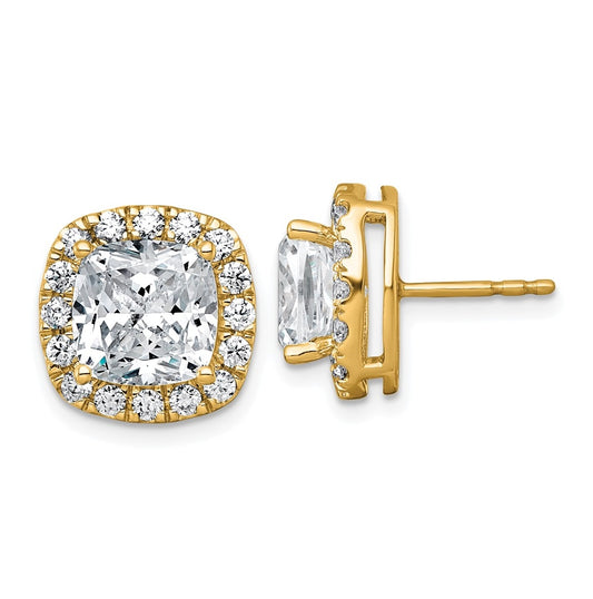 14k Yellow Gold 7 carat Lab Grown Diamond VS+ F+ Complete Cushion Halo Post Earrings