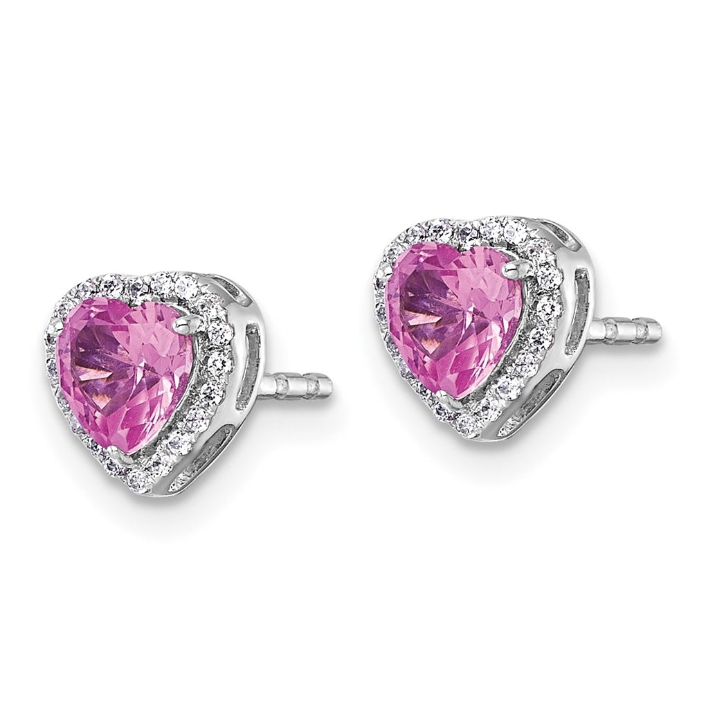 14k White Gold 1/8 carat Lab Grown Diamond VS+ F+ and Pink Sapphire Complete Heart Halo Post Earrings