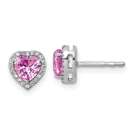 14k White Gold 1/8 carat Lab Grown Diamond VS+ F+ and Pink Sapphire Complete Heart Halo Post Earrings