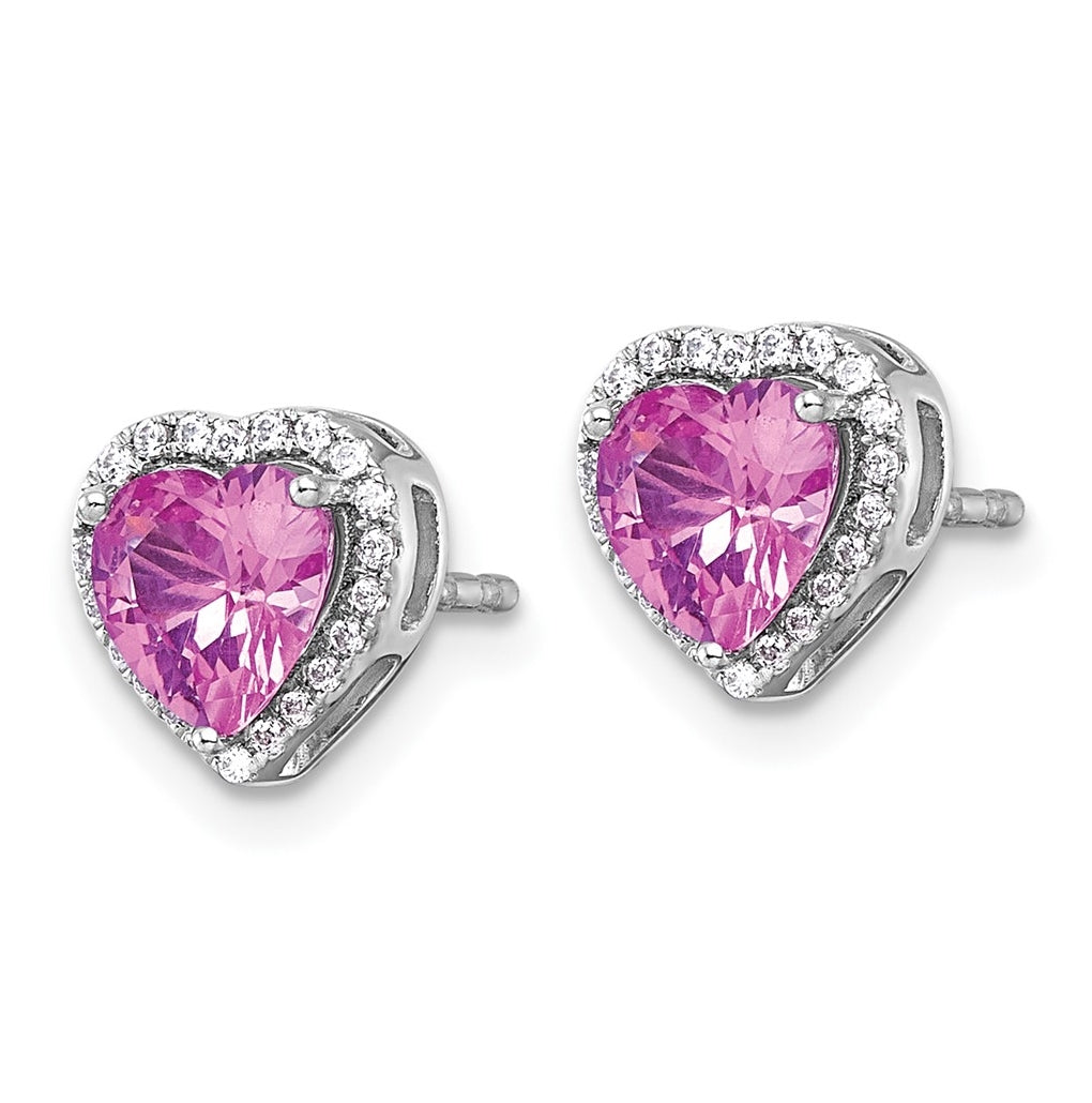 14k White Gold 1/6 carat Lab Grown Diamond VS+ F+ and Pink Sapphire Complete Heart Halo Post Earrings
