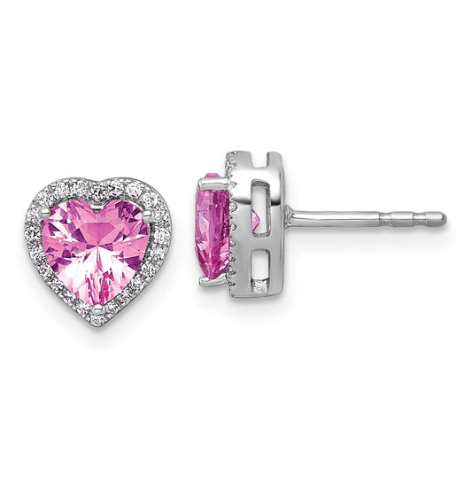 14k White Gold 1/6 carat Lab Grown Diamond VS+ F+ and Pink Sapphire Complete Heart Halo Post Earrings
