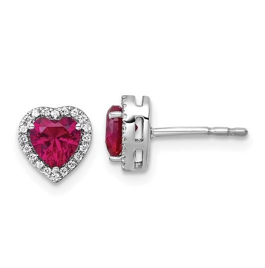 14k White Gold 1/8 carat Lab Grown Diamond VS+ F+ and Ruby Complete Heart Halo Post Earrings