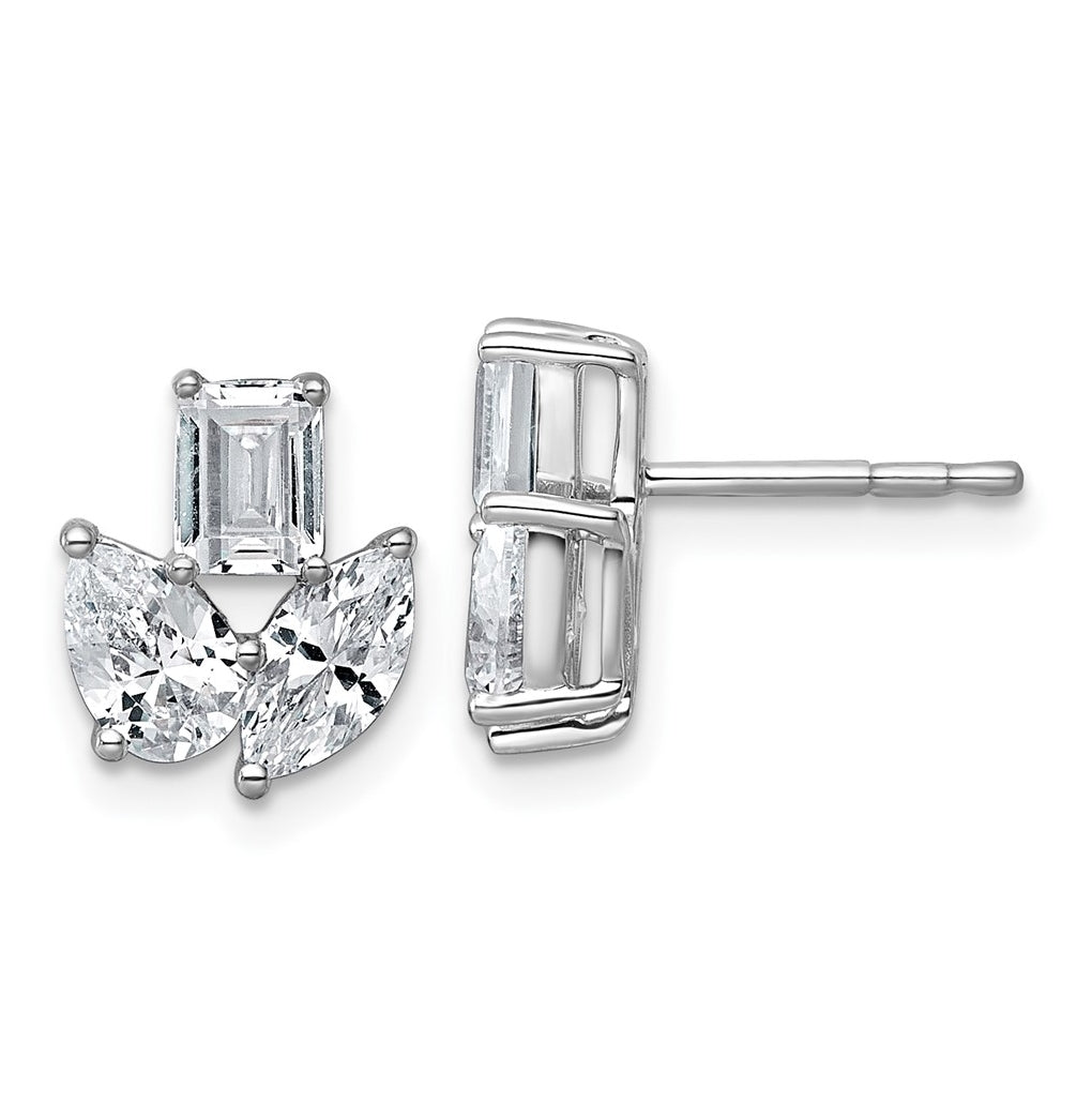 14k White Gold 2 carat Lab Grown Diamond VS+ F+ Complete Emerald Marquise and Pear Three Stone Post Earrings