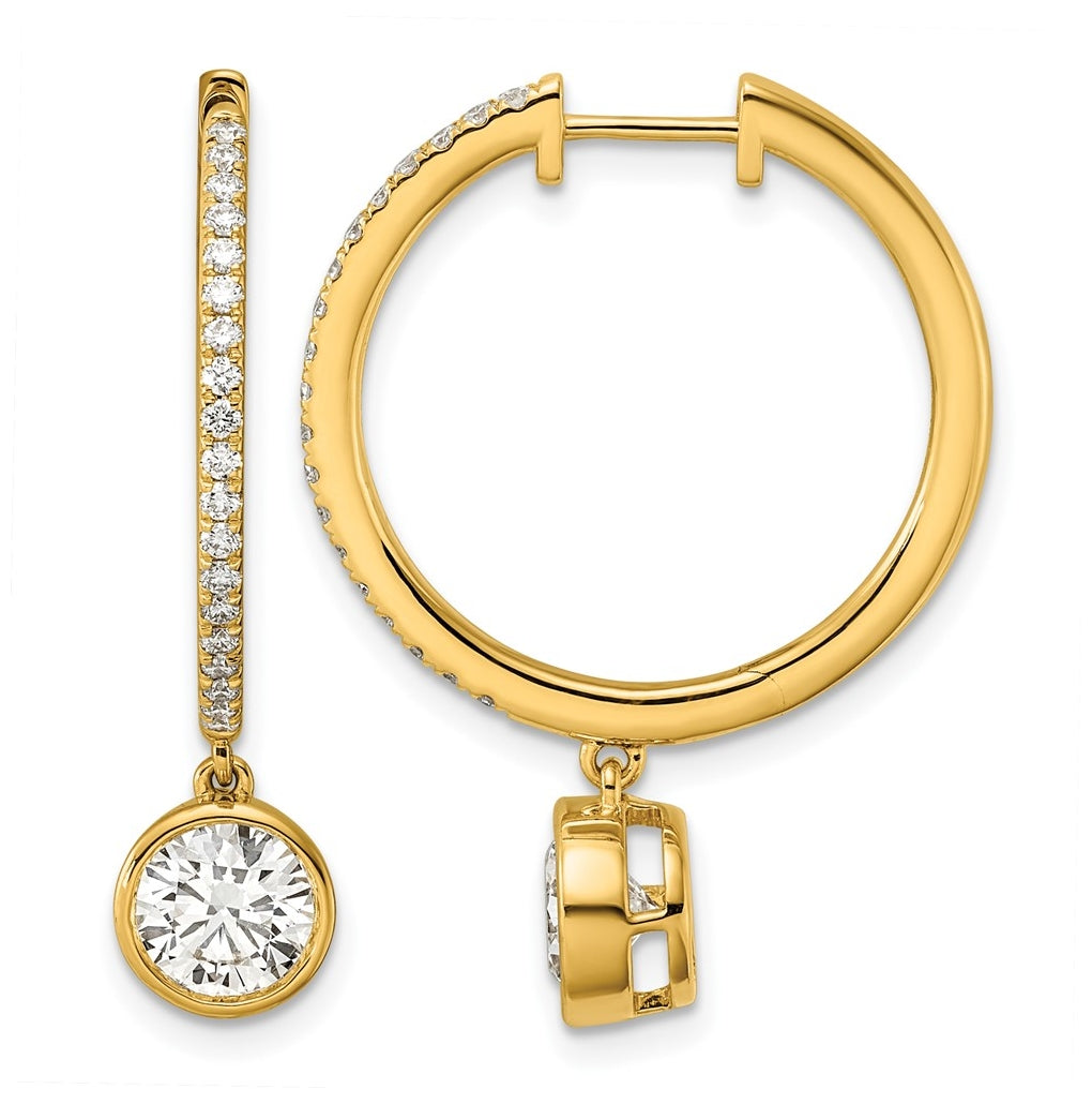True Origin 14k Yellow Gold 2 3/8 carat Lab Grown Diamond VS+ F+ Complete Round Bezel-Set Dangle In/Out Hoop Earrings