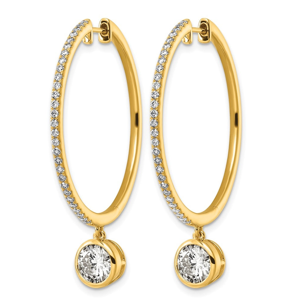 True Origin 14k Yellow Gold 2 5/8 carat Lab Grown Diamond VS+ F+ Complete Round Bezel-Set Dangle In/Out Hoop Earrings